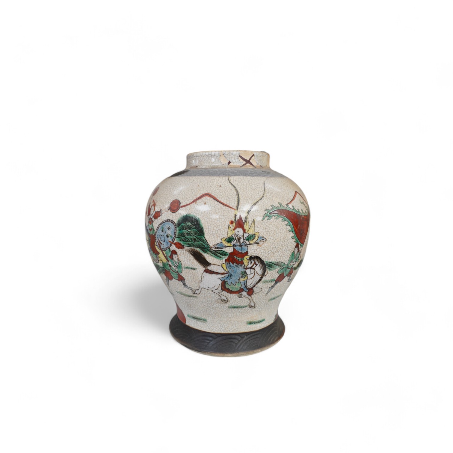 A Chinese crackle glazed famille verte vase, 24cm. Condition - poor